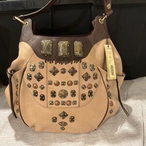 Tre Vero Studded Embossed Brown Handbag Leather Suede Purse Shoulder NWT
